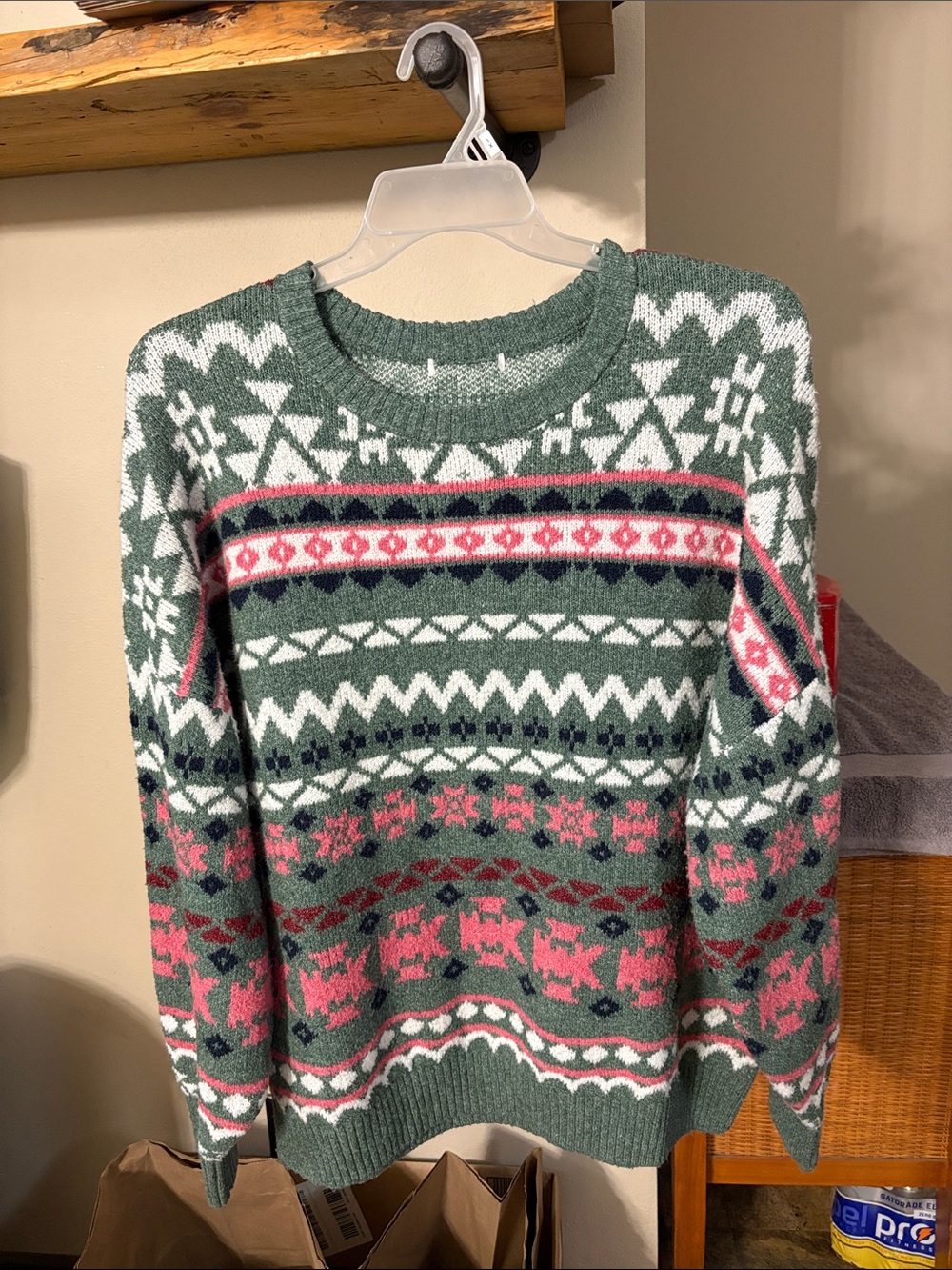 Women's Green Fair Isle Crewneck Sweater with Pink & White Accents